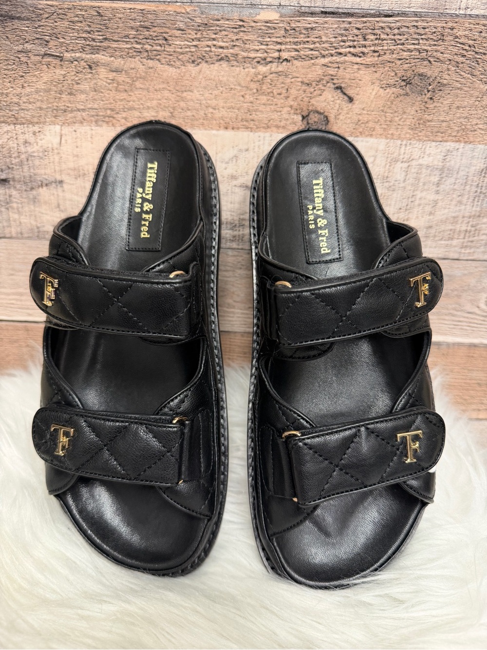 NWT Tiffany & Fred Paris Black Quilted Sandals